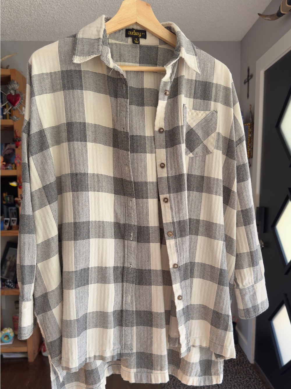 Black and Cream Plaid Button-Up Tunic